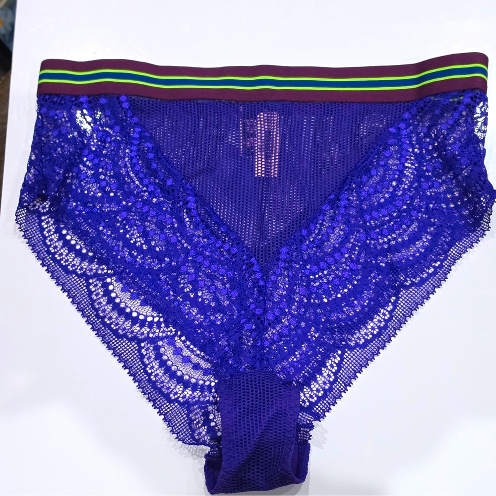 Lge Victoria's Secret High-Waist Cheeky Panties Purple Lace Mesh Sheer NWT